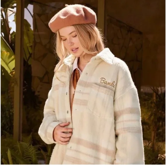 Disney x Forever 21 Cream and Pink Sherpa Bambi Flannel Jacket Sz S.